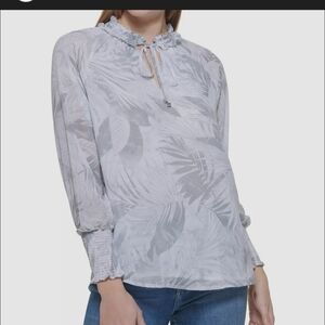 Calvin Klein Women's Leaf Print Blouse - Gray and White